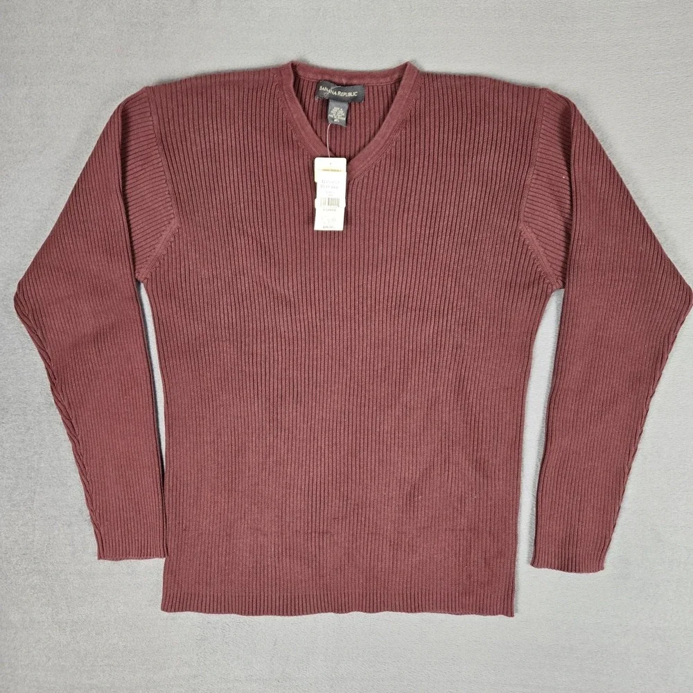 Vintage Banana Republic Sweater Mens XL Maroon Ribbed Knit V-Neck Cotton NWT‎